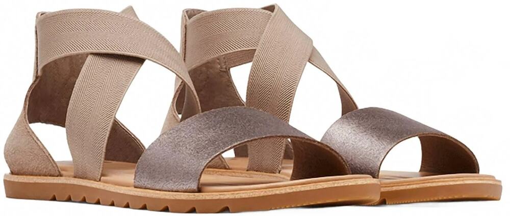 Sorel Ella II Sandals Leather Elastic Ankle Straps Metallic Ash Brown 9.5